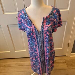 Lilly Pulitzer Pink and Blue Floral V-Neck Dress